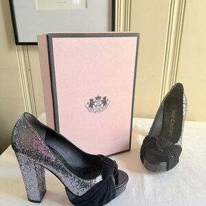 Juicy Couture Damsel Shoes Heels Y2K Bling Pewter Glitter Black Patent/Suede sz